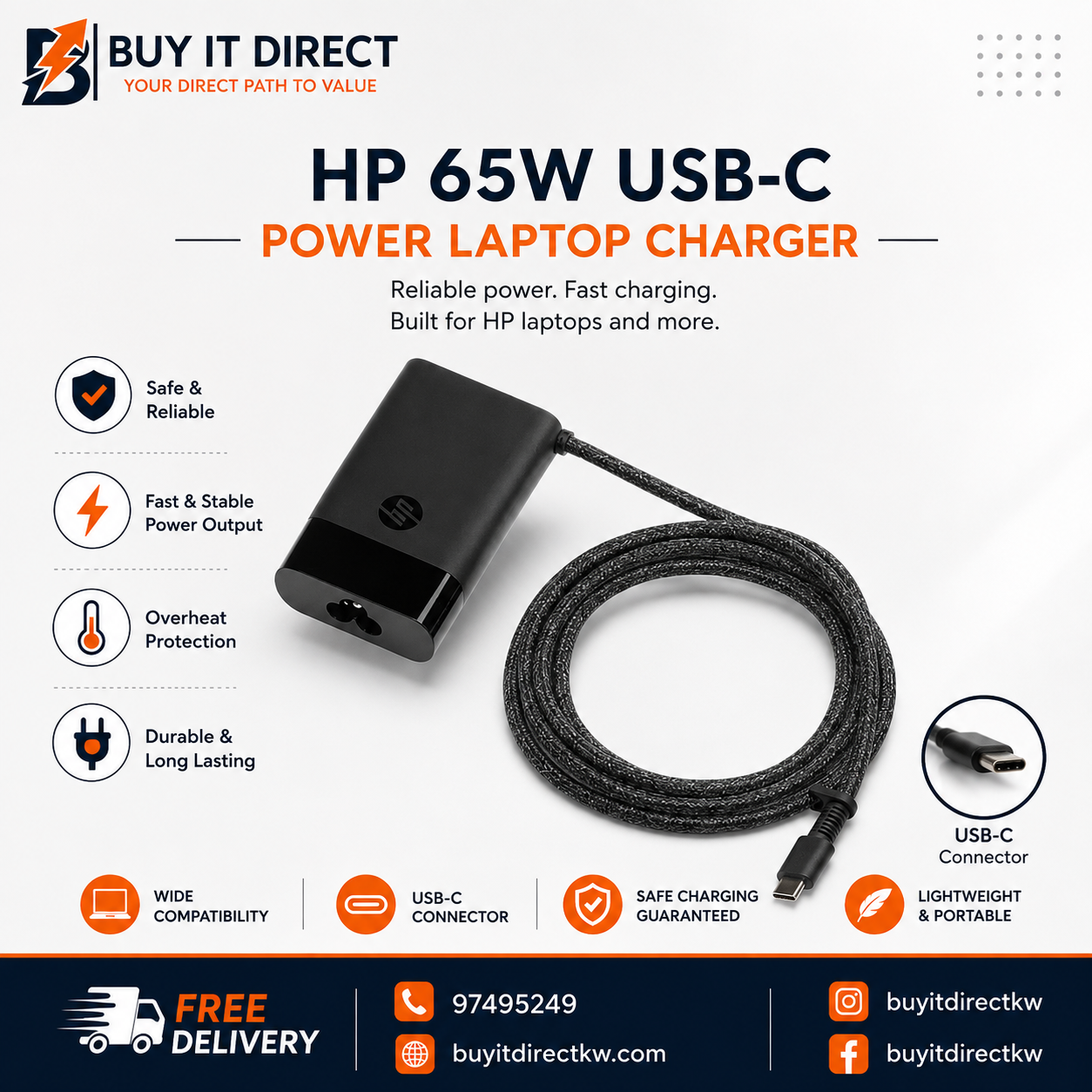 HP 65W USB-C Power Laptop Charger with Power Cable