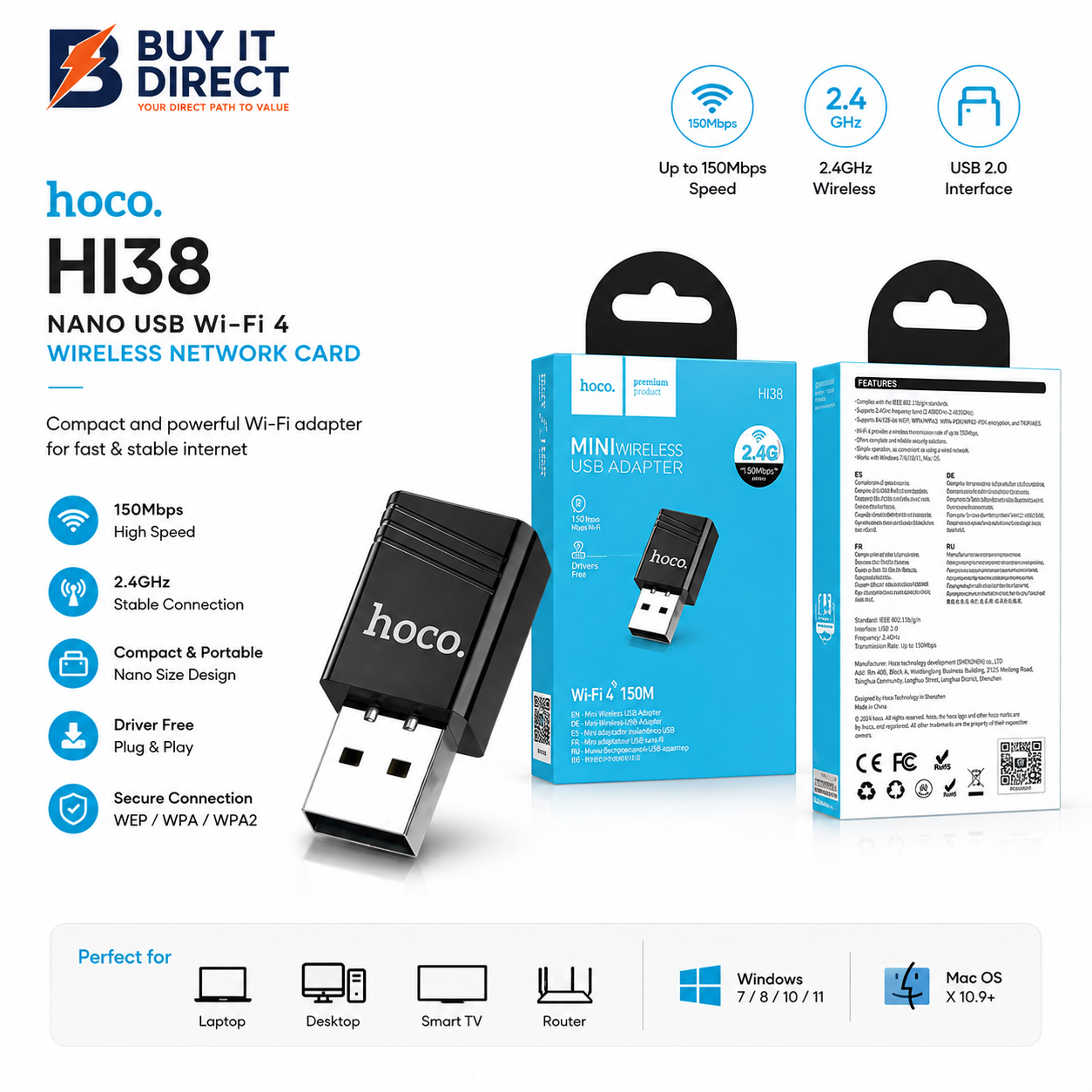كرت شبكة Hoco USB WiFi 4 لاسلكي بسرعة 150Mbps بتردد 2.4GHz