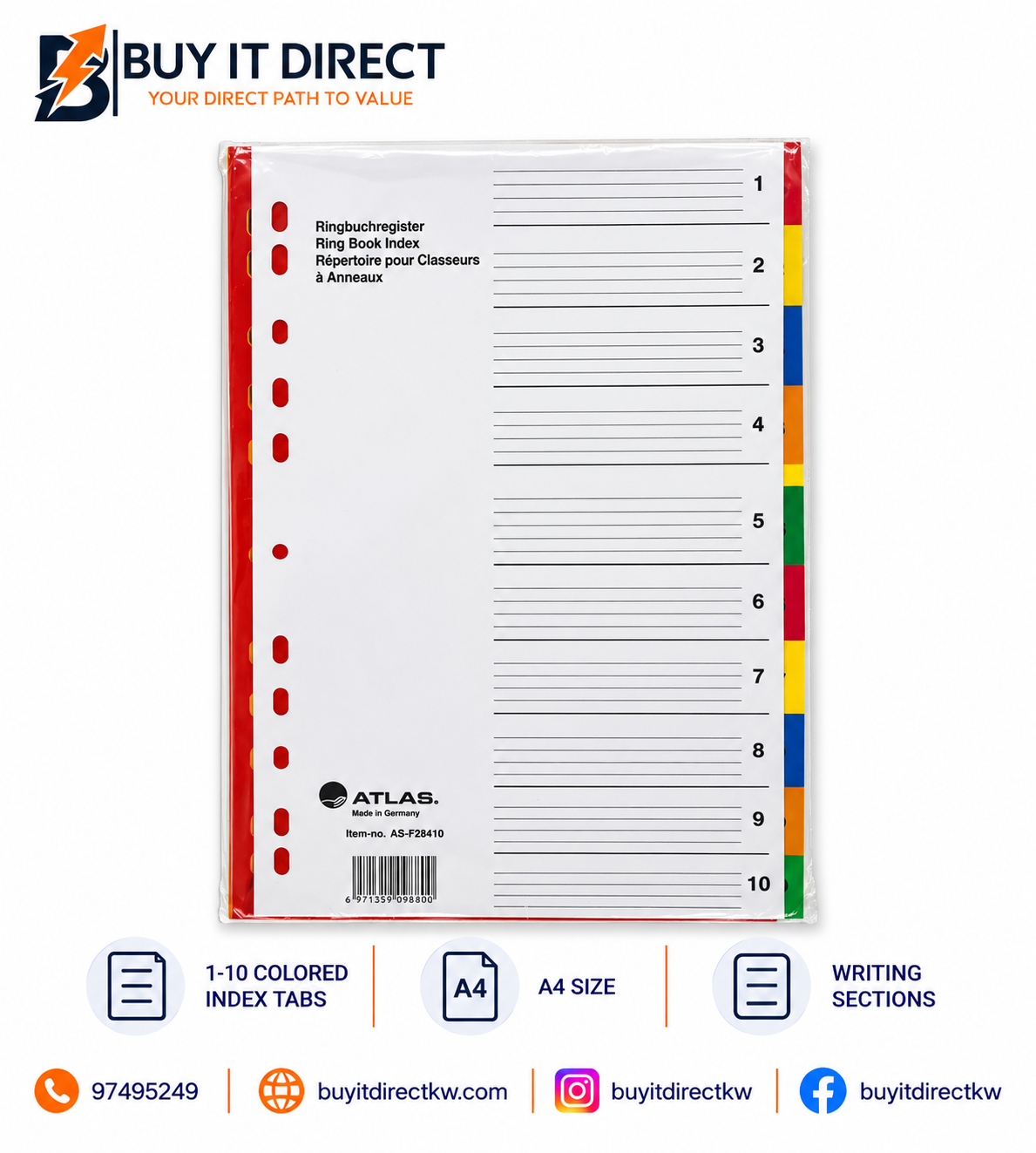Ring Book Index – 1-10 Colored Tabs