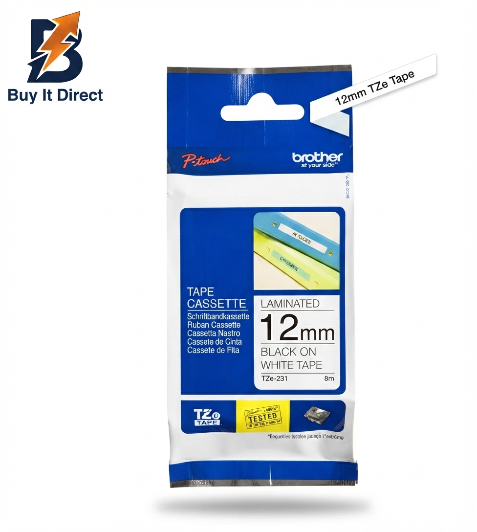 Brother Genuine TZe-231 Labelling Tape Cassette – Black on White, 12mm Wide