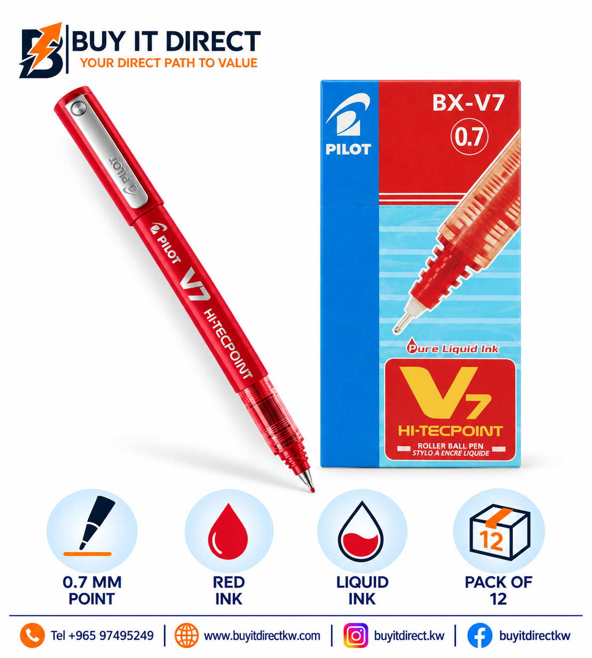 Pilot Hi-Tecpoint BX-V7 0.7 mm Rollerball Pen Red - Pack of 12