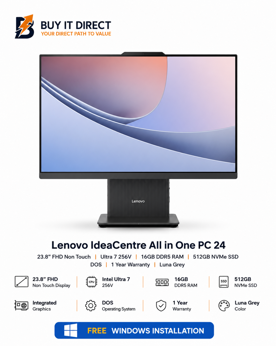 كمبيوتر Lenovo IdeaCentre 24 الكل في واحد مقاس 23.8 بوصة بدقة FHD غير لمسية، معالج Ultra 7 256V، ذاكرة 16GB DDR5 RAM، تخزين 512GB NVMe SSD، نظام DOS، ضمان سنة واحدة، لون Luna Grey مع تثبيت Windows مجاناً