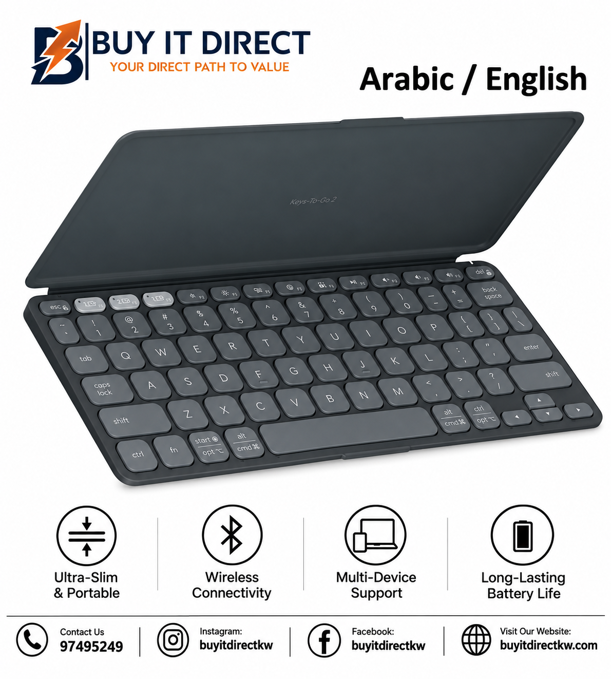 Logitech Keys To Go 2 Ultra Portable Wireless Keyboard with Cover Multi Device Arabic English