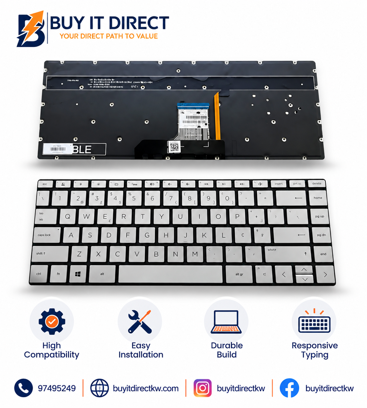 HP 13 AP0011NE Laptop Keyboard Silver US English Arabic Layout Backlit Supported