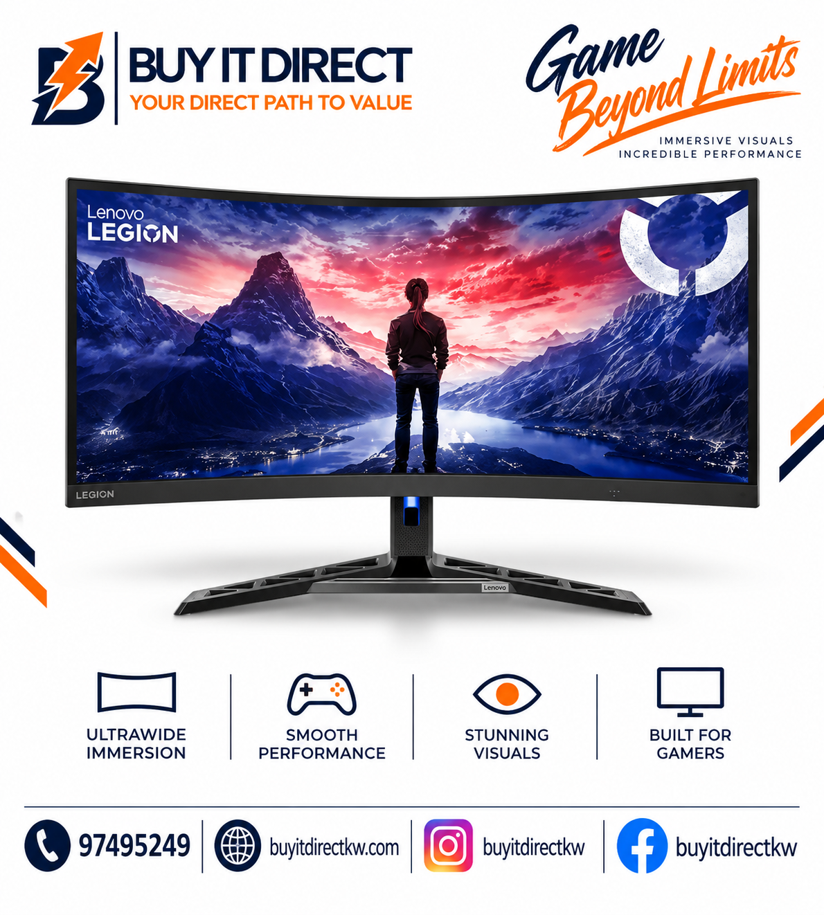 Lenovo Legion R34w-30 34" WQHD Curved Gaming Monitor 180Hz 0.5ms HDMI 2.1 DP 1.4 Speakers