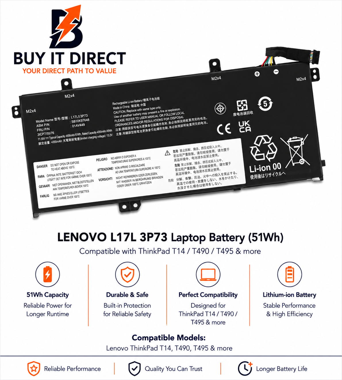 بطارية لابتوب Lenovo L17L3P73 بسعة 51Wh لأجهزة ThinkPad T14 T490 T495