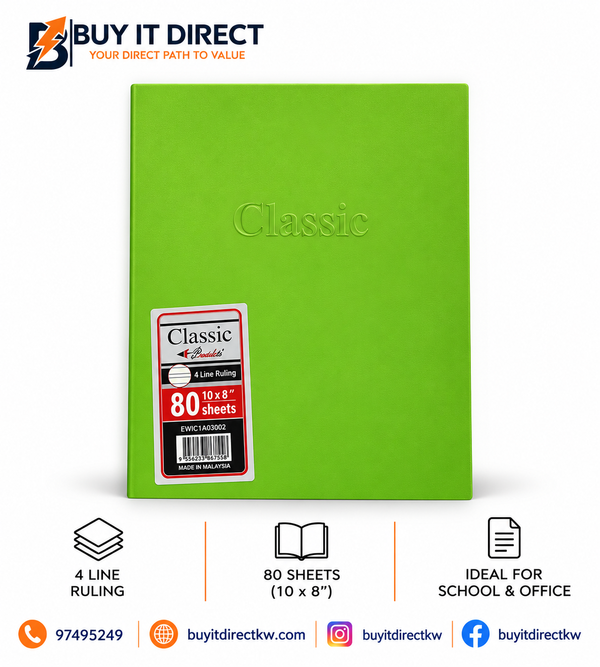 Classic 4 Line Ruling Notebook 10x8 Inch 80 Sheets English