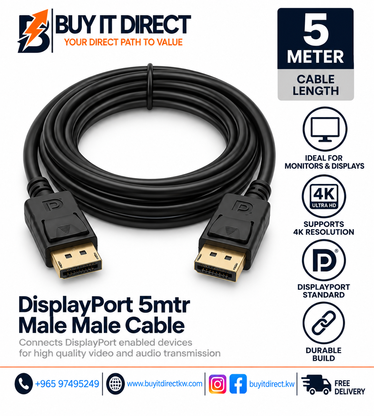 DisplayPort 5mtr Male Male Cable