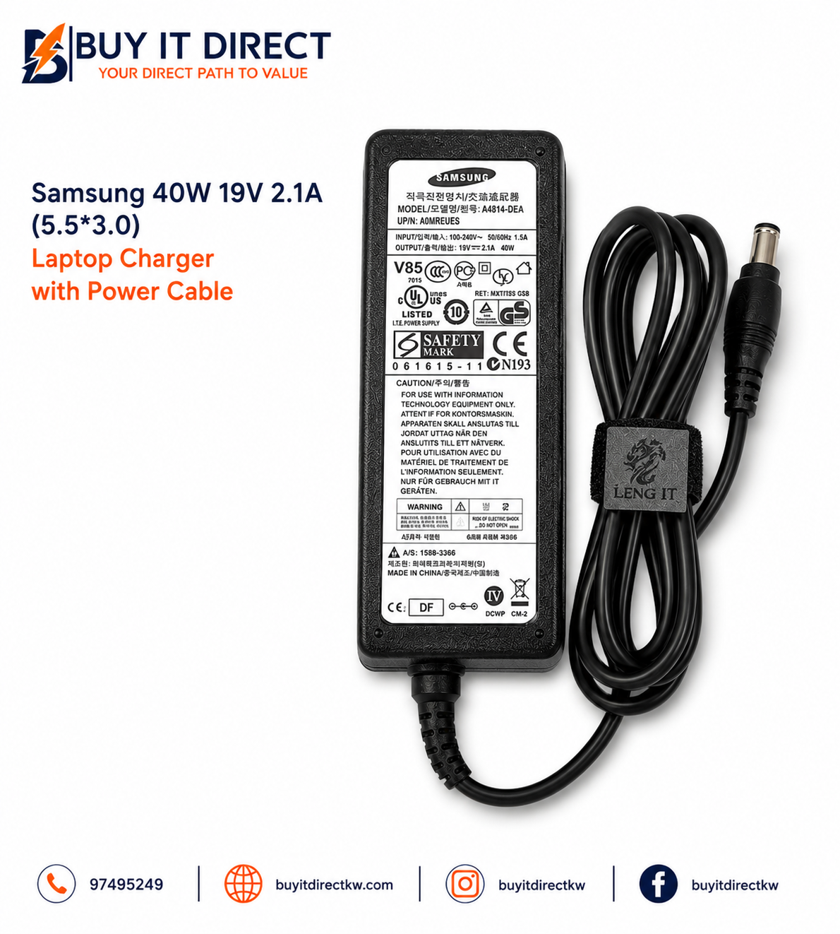 Samsung 40W 19V 2.1A 5.5x3.0 Laptop Charger With Power Cable