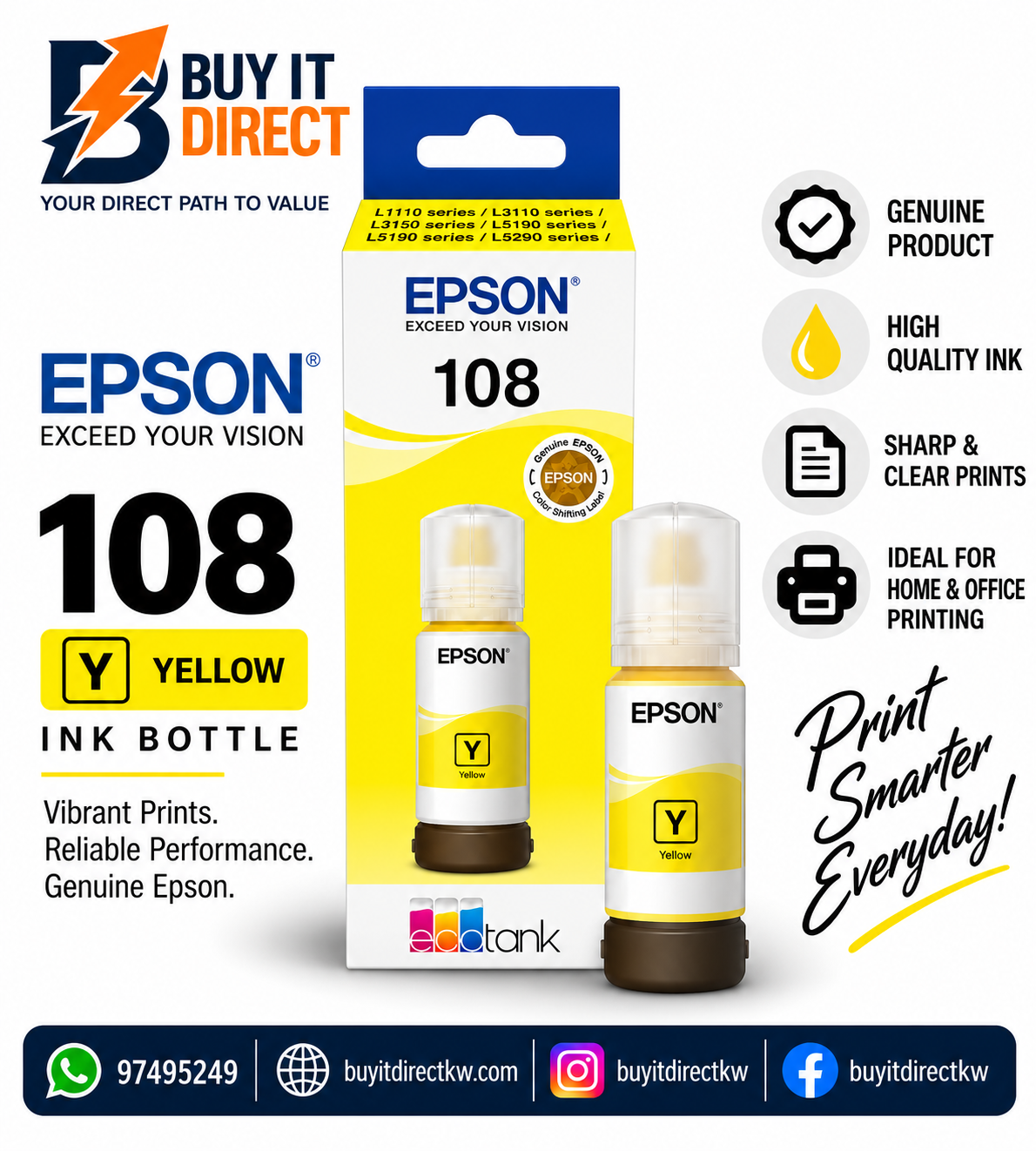 زجاجة حبر Epson 108 EcoTank أصلية باللون الأصفر 70 مل – C13T09C44A