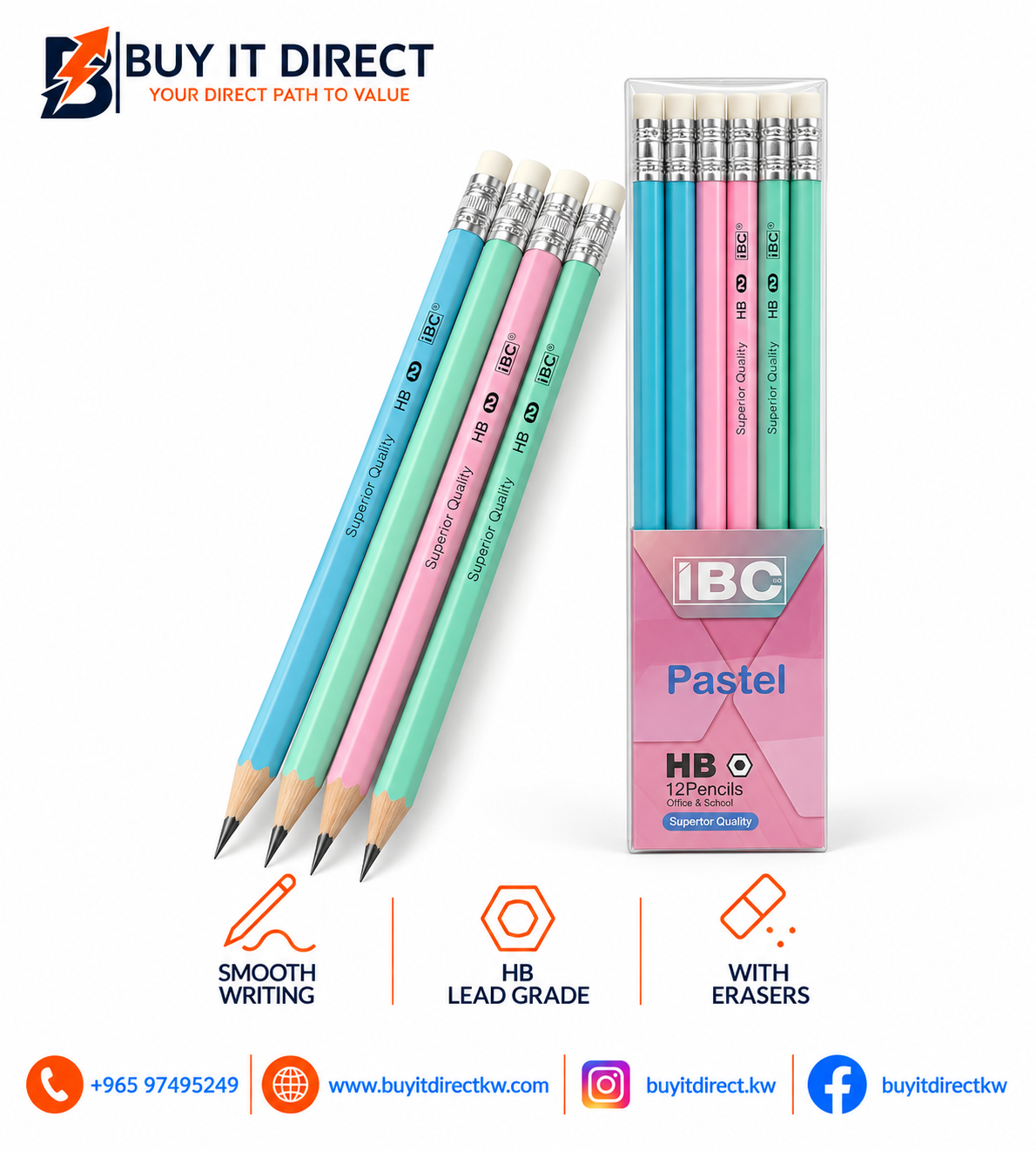 Pastel HB Graphite Pencils with Erasers – 12 Pcs