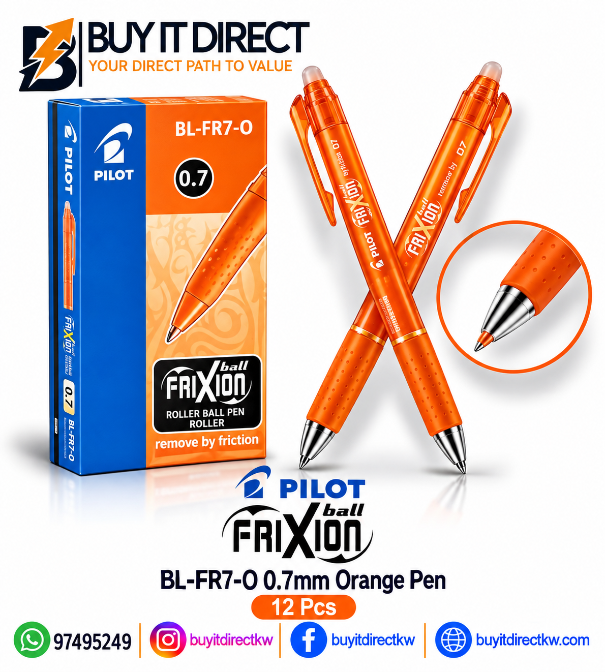 Pilot FriXion Ball BL-FR7-O 0.7mm Orange Pen 12 Pcs 