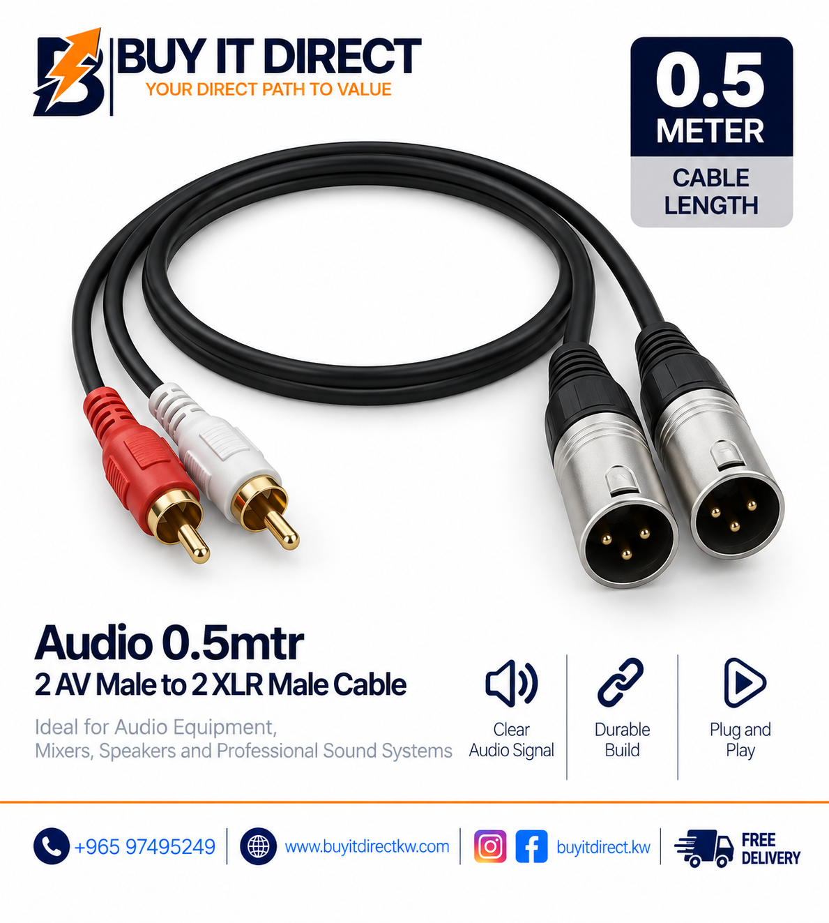 كابل صوت 2 AV ذكر إلى 2 XLR ذكر 0.5 متر