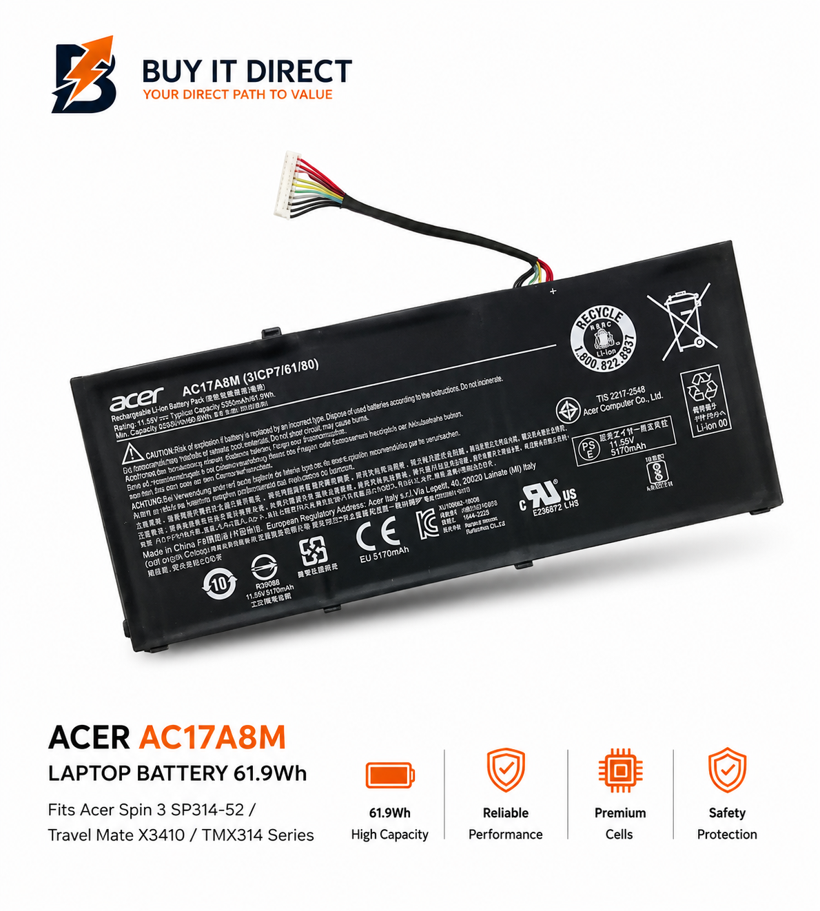 بطارية لابتوب ايسر AC17A8M سعة 61.9 واط ساعة لاجهزة سبين 3 SP314 52 و ترافل ميت X3410 و TMX314