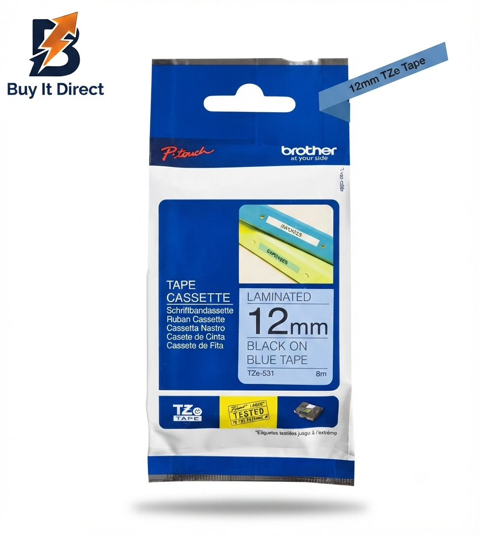 Brother Genuine TZe-531 Labelling Tape Cassette – Black on Blue, 12mm Wide