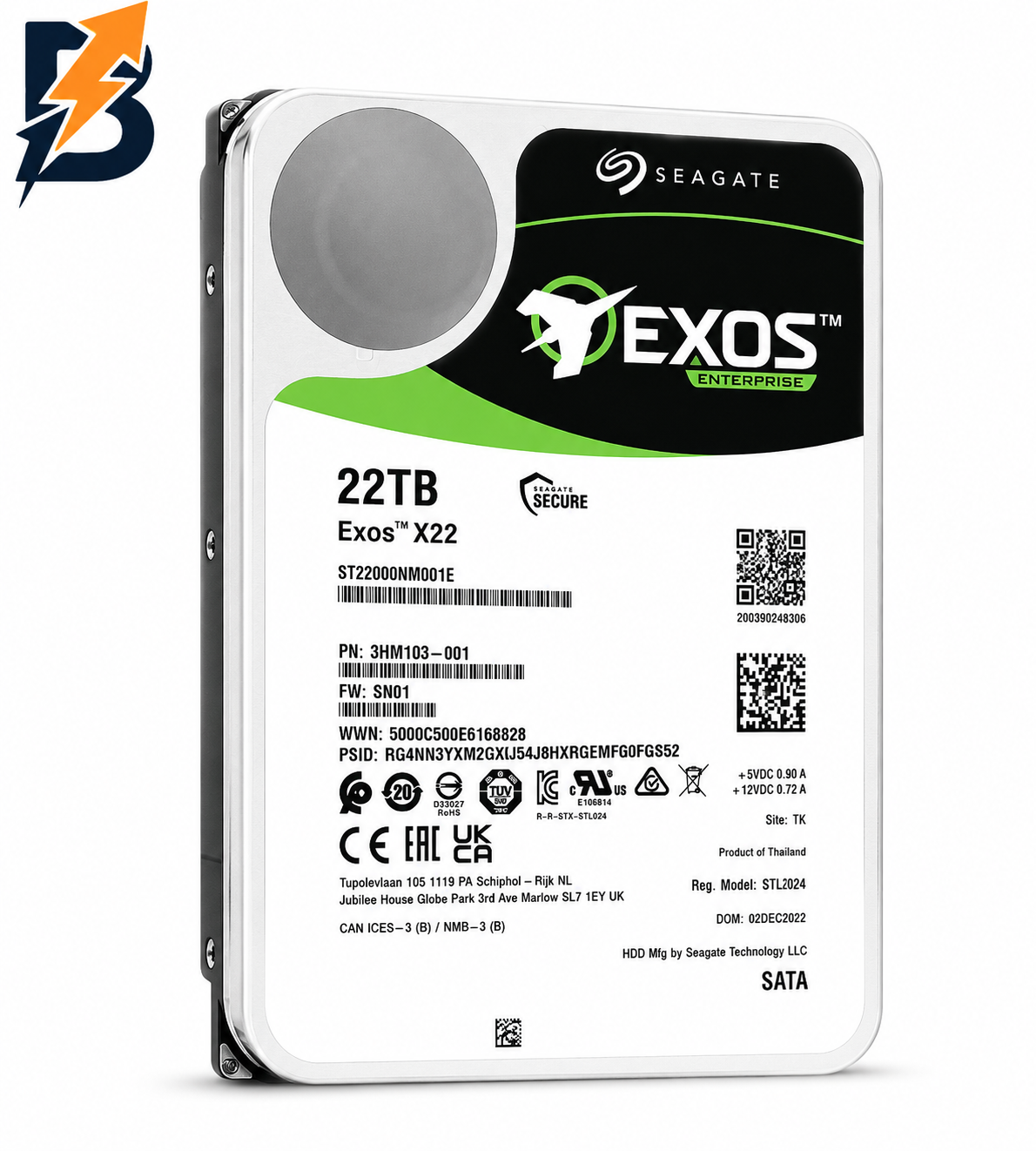 قرص صلب داخلي Seagate EXOS X22 بسعة 22 تيرابايت، مقاس 3.5 بوصة، بتقنية SATA III، وسرعة دوران 7200 دورة في الدقيقة.