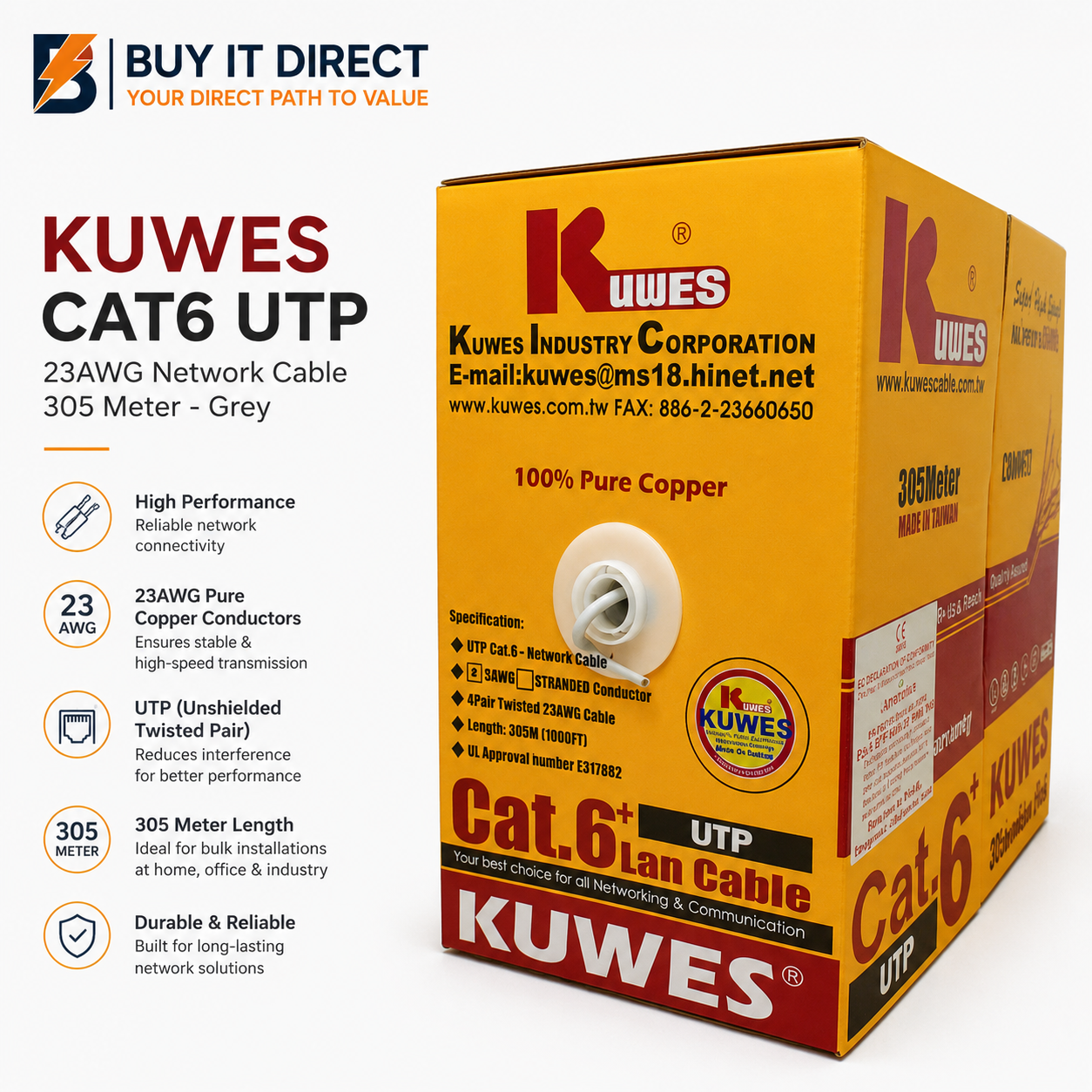 كابل شبكة KUWES CAT6 UTP 23AWG بطول 305 متر باللون الرمادي