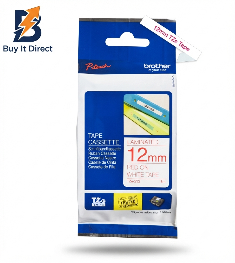 Brother Genuine TZe-232 Labelling Tape Cassette – Red on White, 12mm Wide