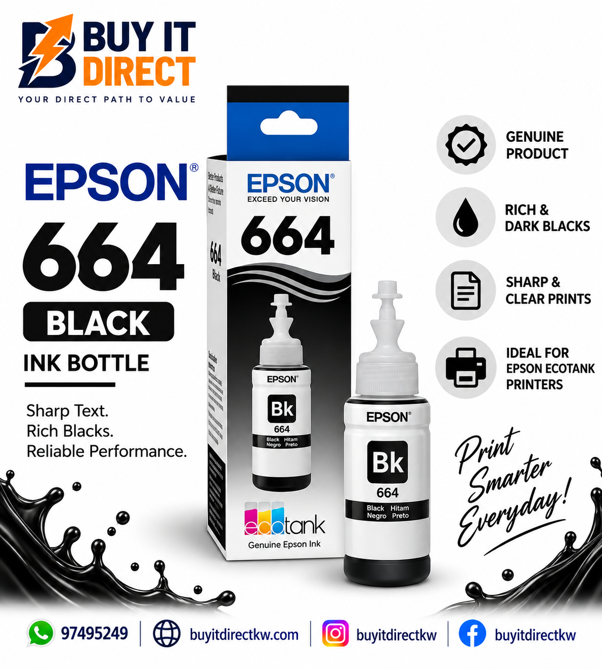 زجاجة حبر Epson 664 EcoTank أصلية باللون الأسود – C13T66414A