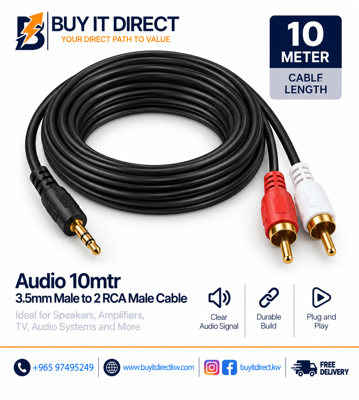 كابل صوت 3.5 مم ذكر إلى 2 RCA ذكر 10 متر