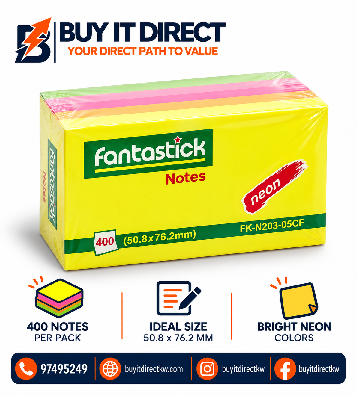 Fantastick Neon Sticky Notes 400 Sheets 50.8 x 76.2 mm