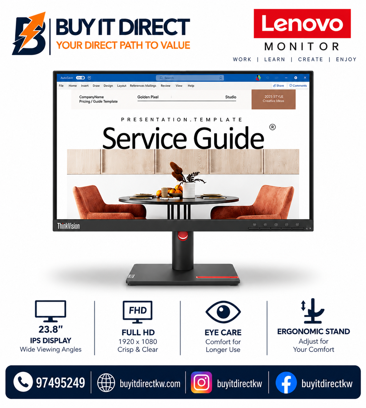 شاشة Lenovo ThinkVision S24i-30 مقاس 23.8 بوصة بدقة Full HD ولوحة IPS وتردد 100 هرتز وزمن استجابة 4 مللي ثانية مع HDMI وVGA – 63DEKAT3UK