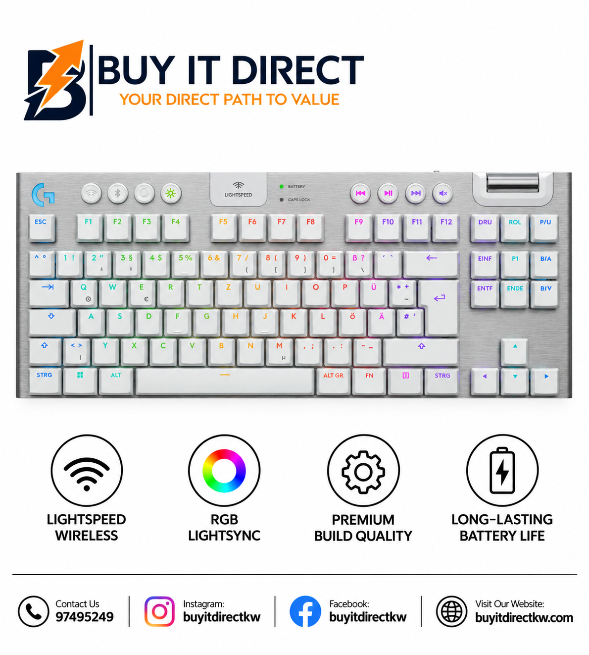 Logitech G915 X LIGHTSPEED TKL Tactile Wireless RGB Mechanical Gaming Keyboard White