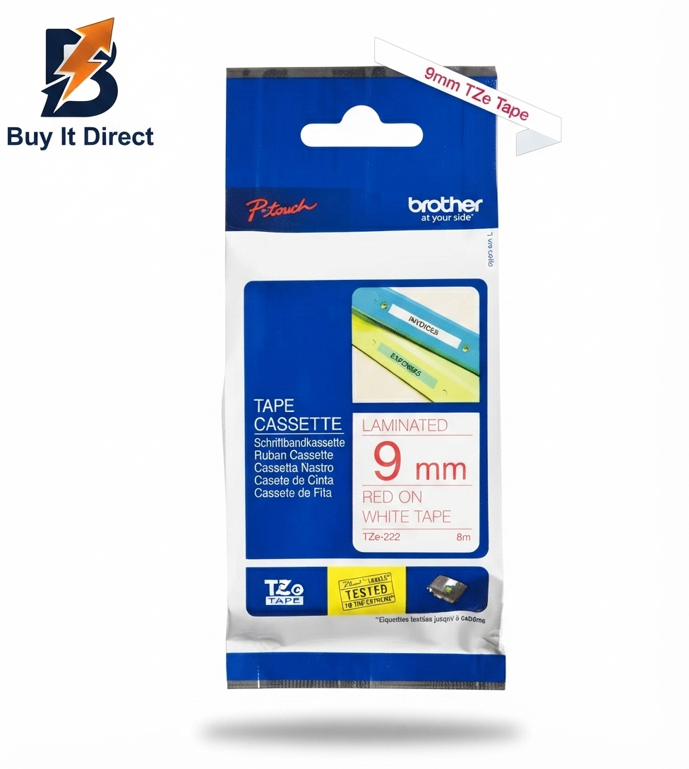 Brother Genuine TZe-222 Labelling Tape Cassette – Red on White, 9mm Wide