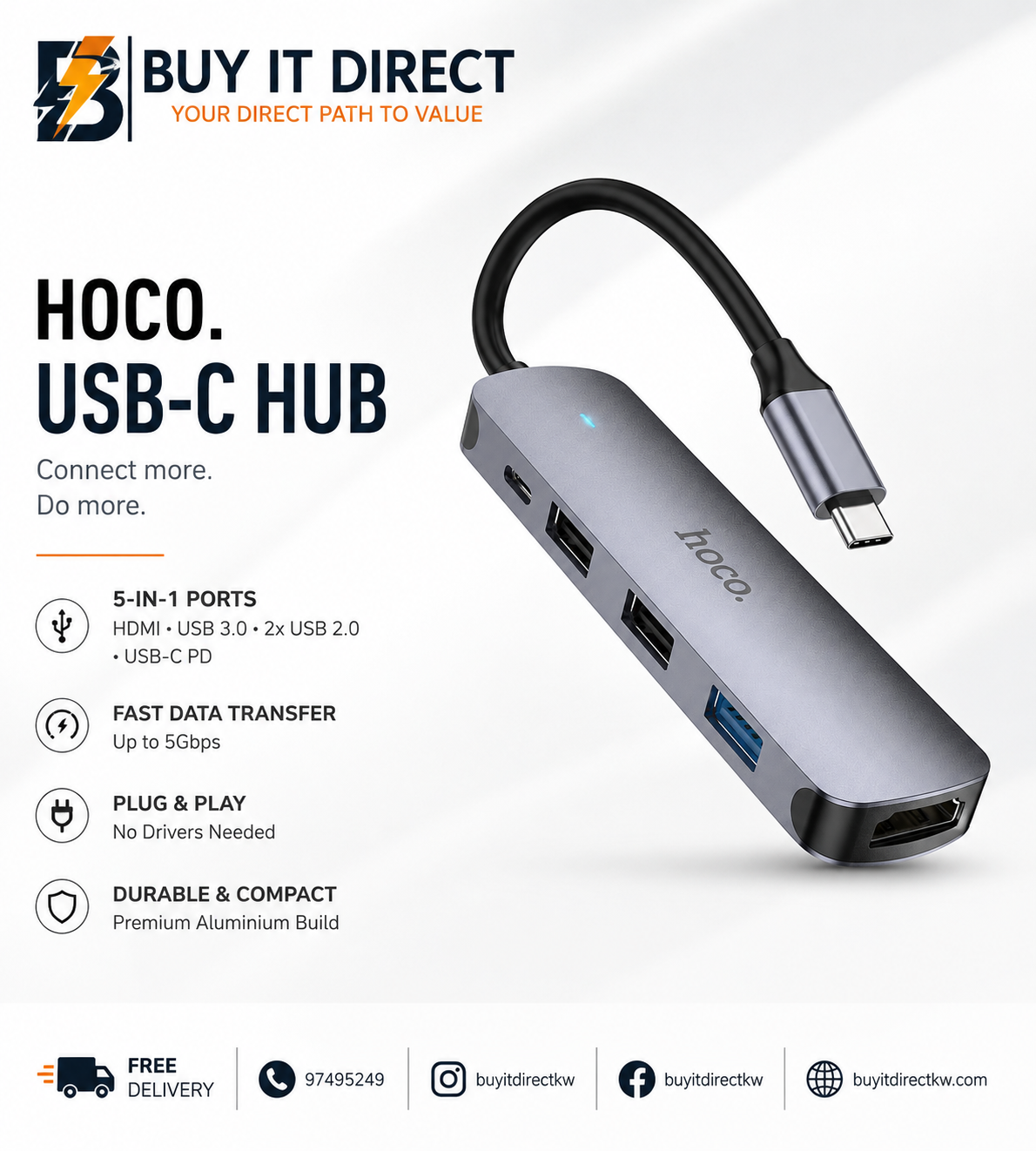 هاب Hoco HB27 تايب سي مع HDTV و USB3.0 ومنفذي USB2.0 و PD