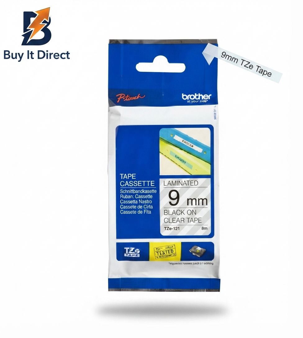 Brother Genuine TZe-121 Labelling Tape Cassette – Black on Clear, 9mm Wide