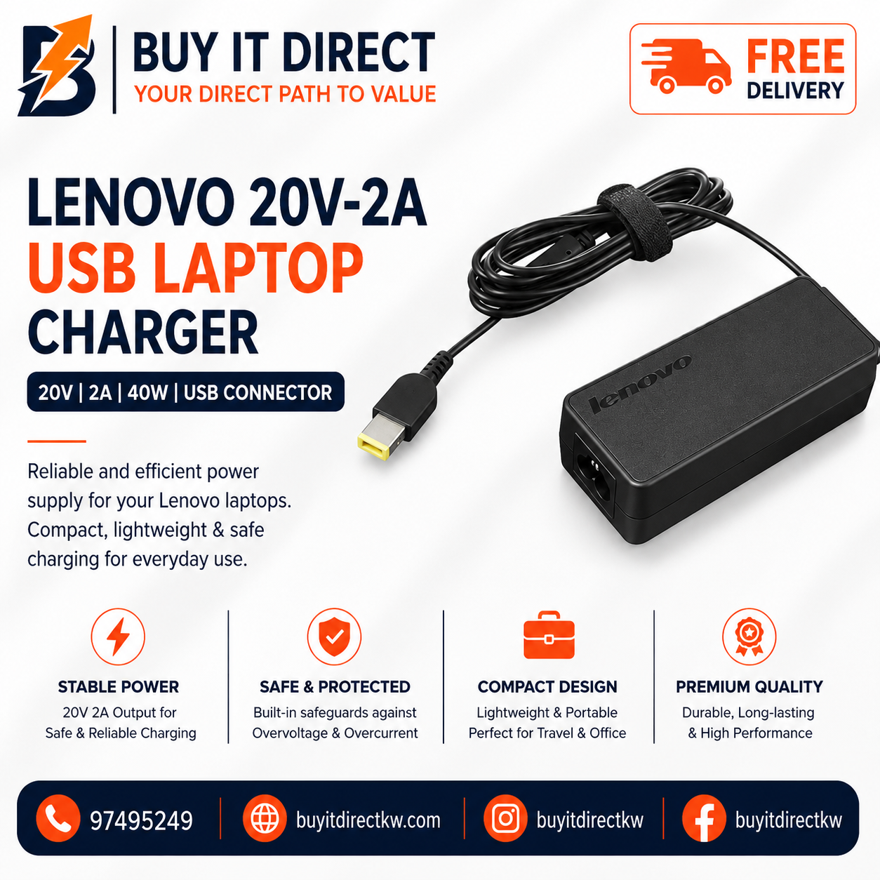 Lenovo 40W 20V 2A USB Laptop Charger