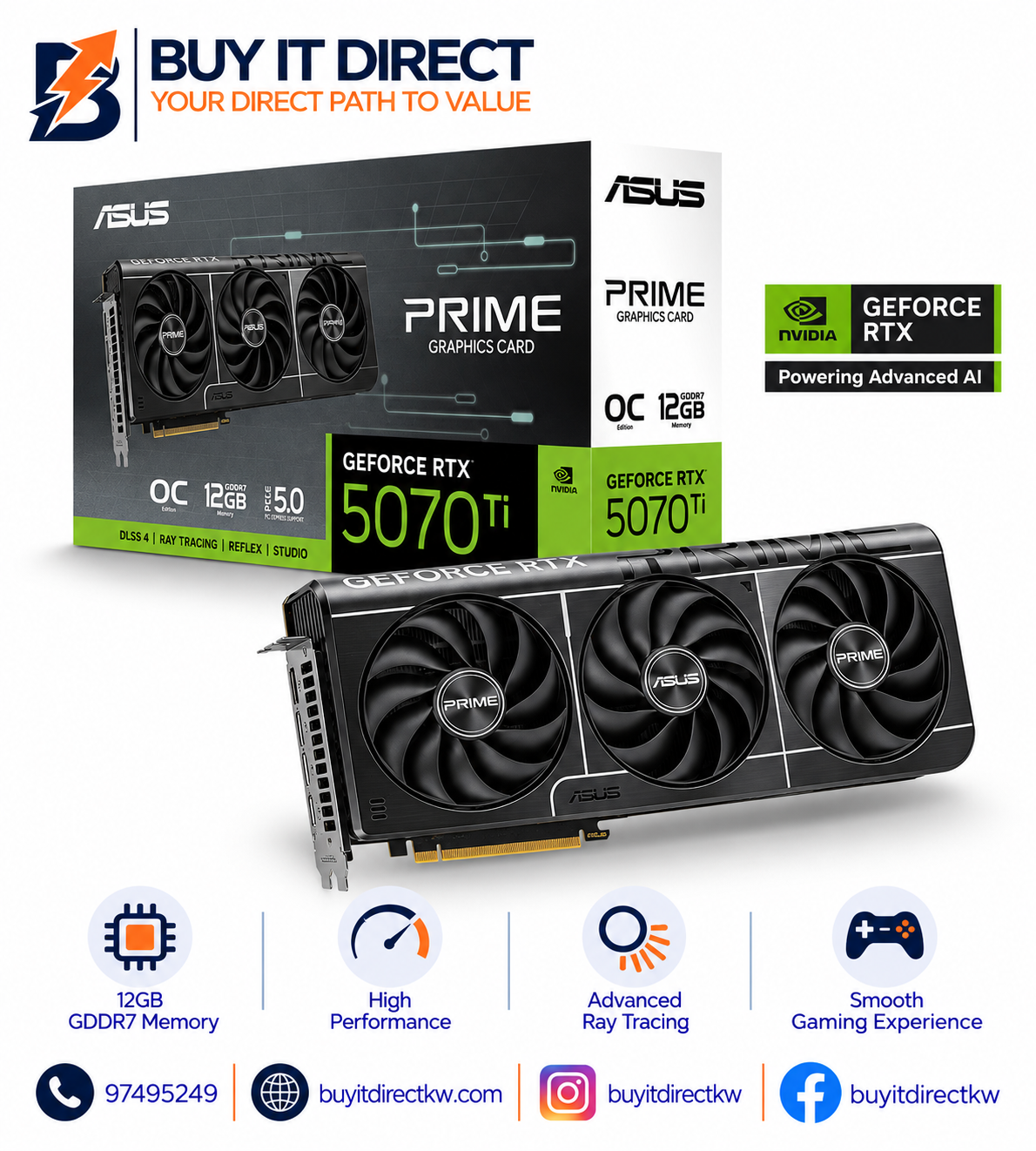 بطاقة رسومات ASUS PRIME GeForce RTX 5070 OC Edition سعة 12 جيجابايت