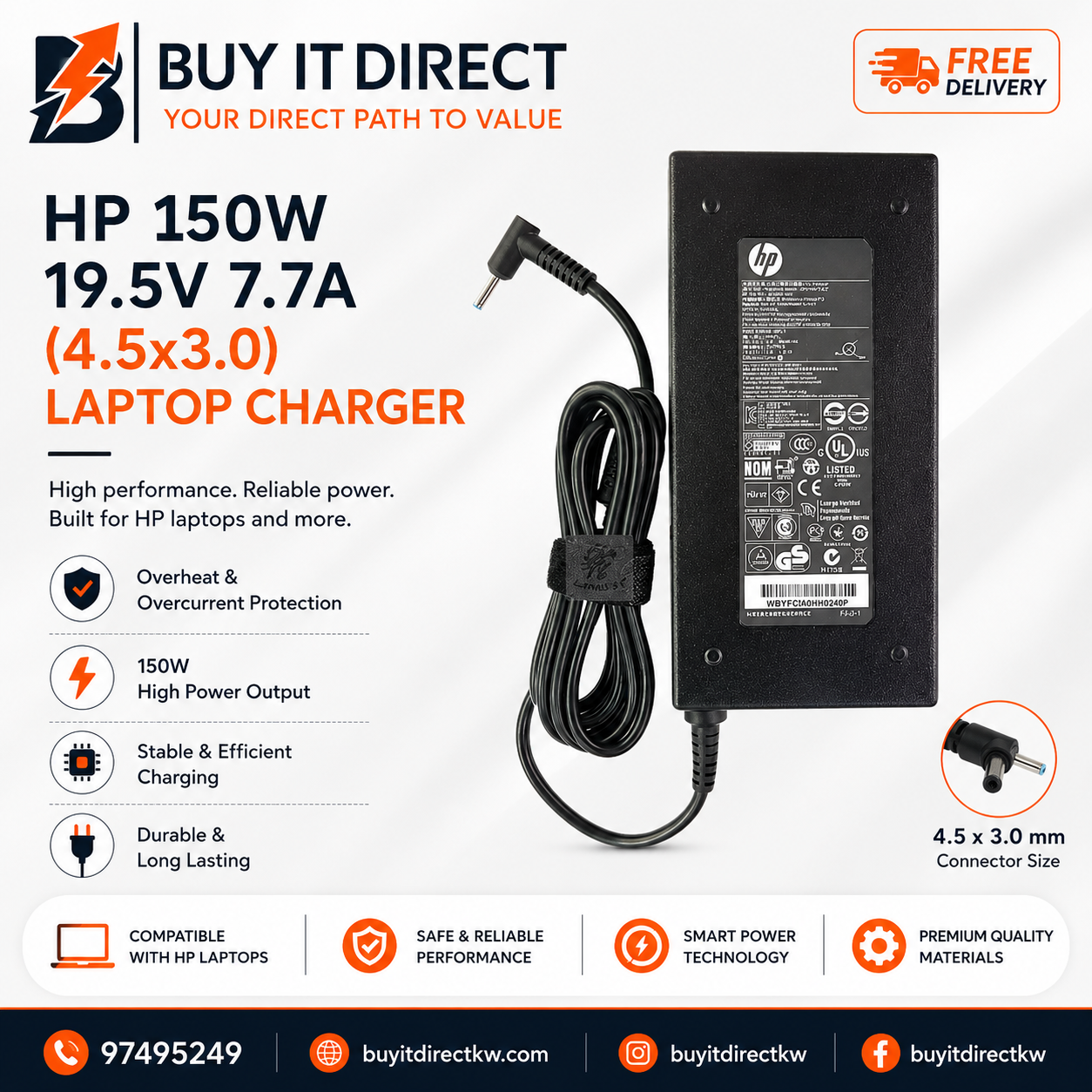 HP 150W 19.5V 7.7A Laptop Charger with Power Cable 4.5 x 3.0mm