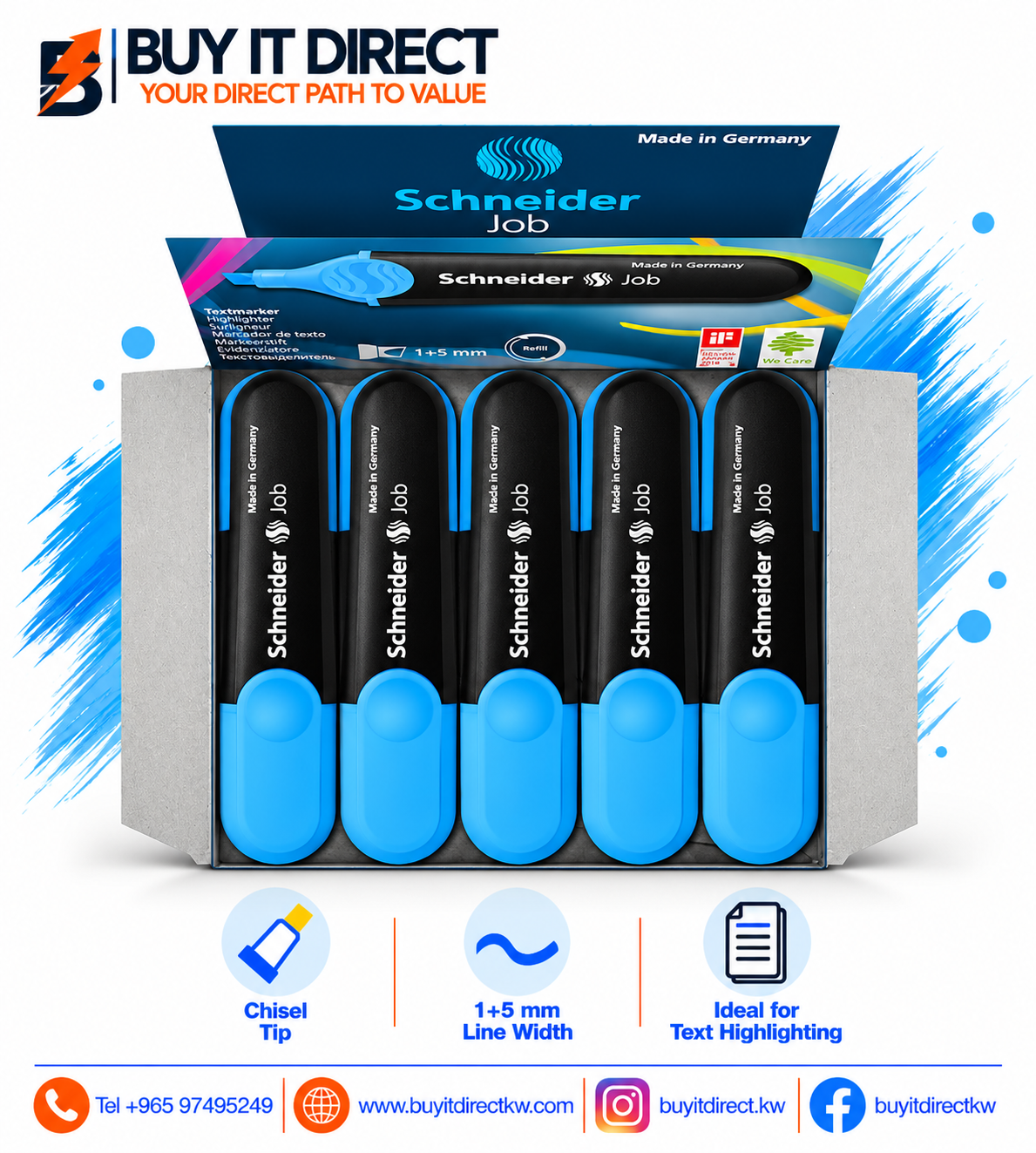 Schneider Job 1+5 mm Blue Textmarker Highlighters Pack of 10