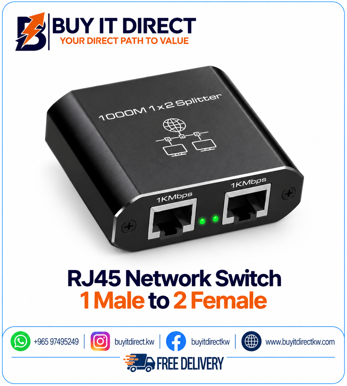 RJ45 Network Switch 1 Male to 2 Female 10/100/1000 with Power