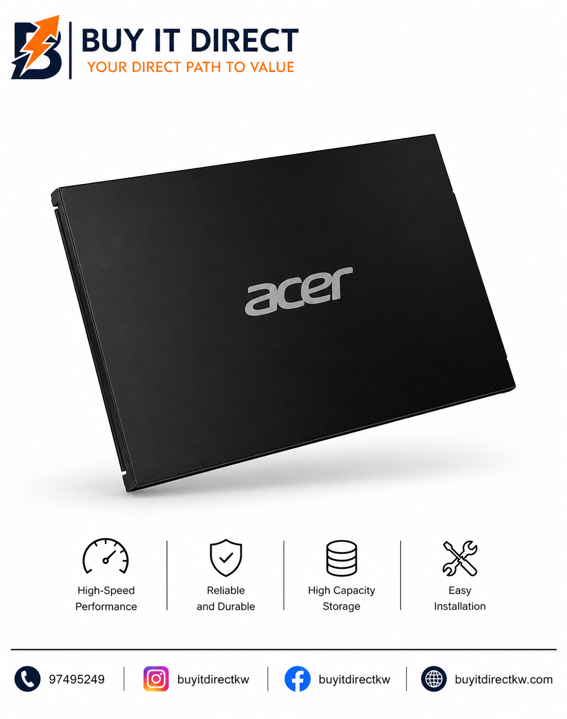 Acer RE100 SSD سعة 512 جيجابايت، مقاس 2.5 بوصة، SATA III بسرعة 6Gb/s، سرعة قراءة تصل إلى 560MB/s