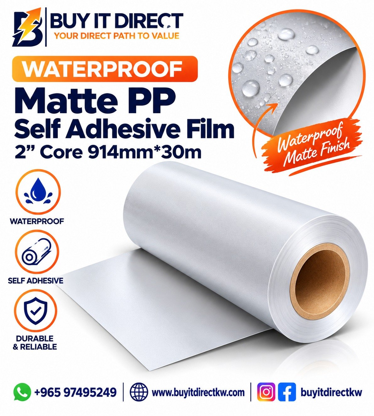 Waterproof Matte PP Self Adhesive Film 2in 914mm x 30m