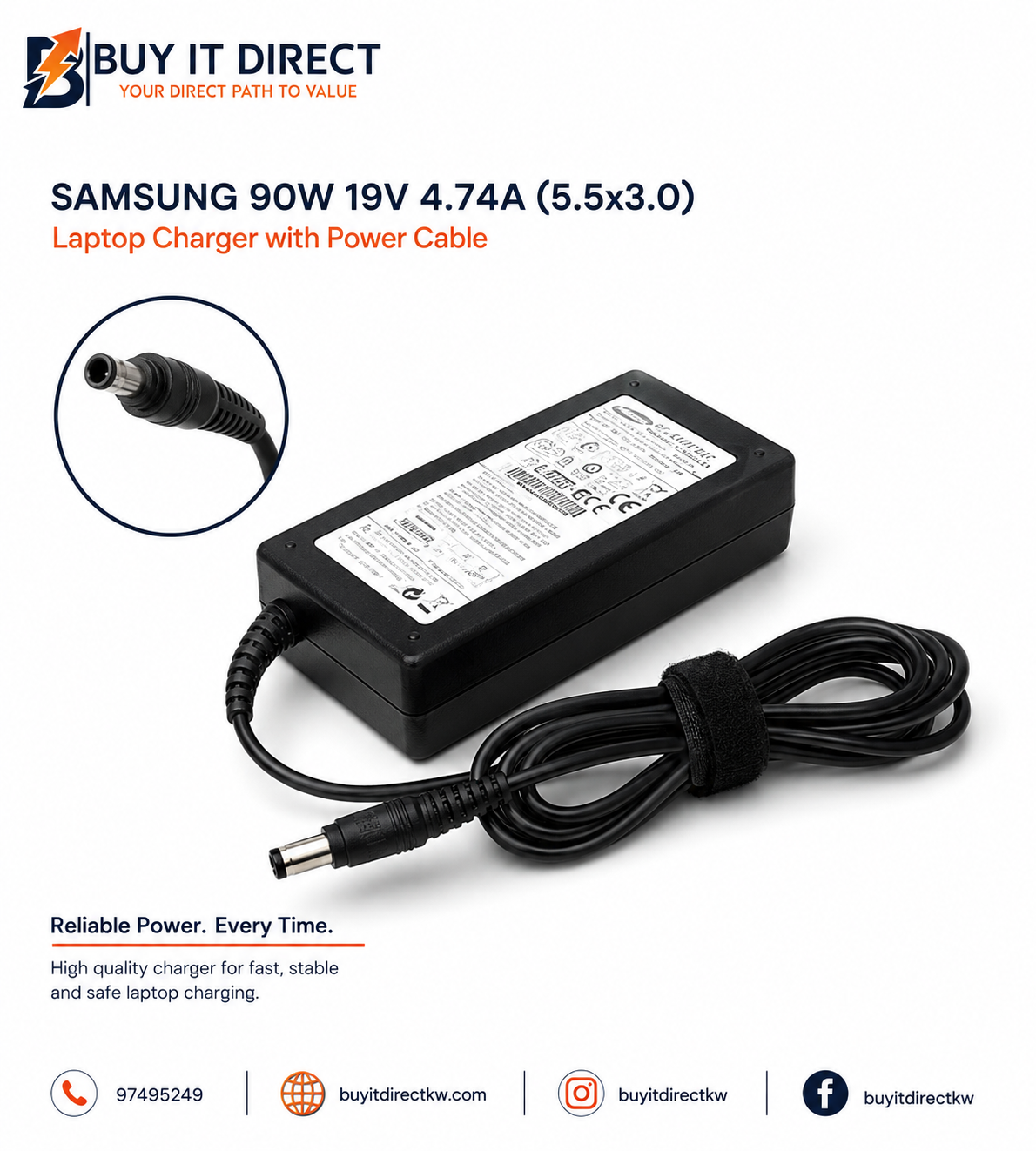 Samsung 90W 19V 4.74A 5.5x3.0 Laptop Charger With Power Cable