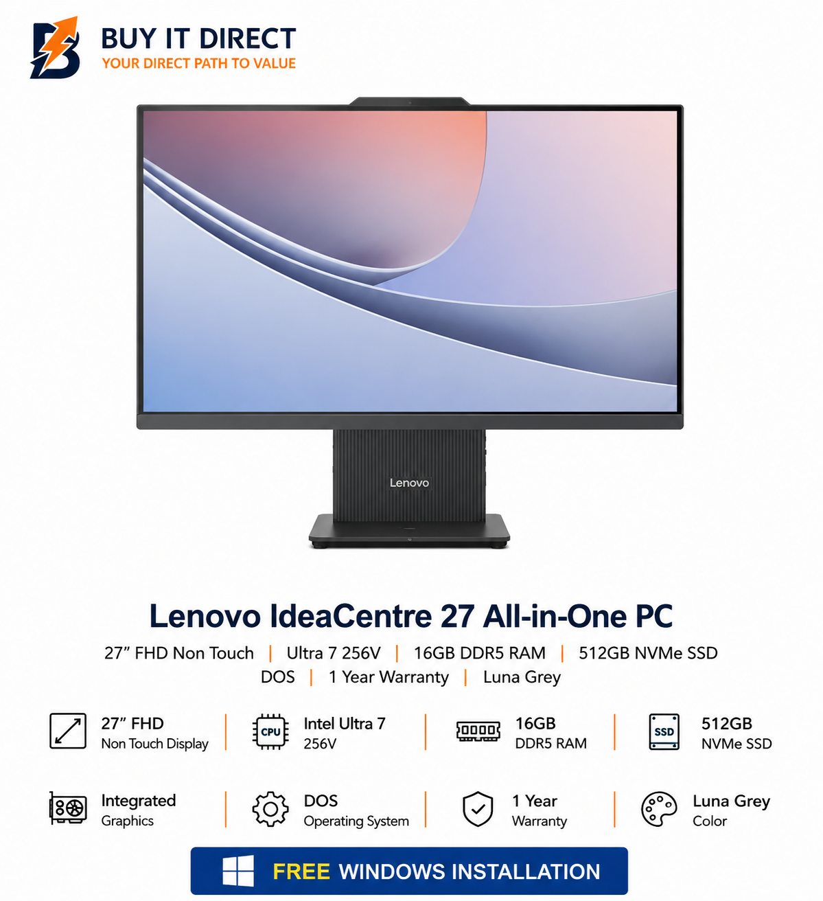 كمبيوتر Lenovo IdeaCentre 27 الكل في واحد مقاس 27 بوصة بدقة FHD غير لمسية، معالج Ultra 7 256V، ذاكرة 16GB DDR5 RAM، تخزين 512GB NVMe SSD، نظام DOS، ضمان سنة واحدة، لون Luna Grey مع تثبيت Windows مجاناً