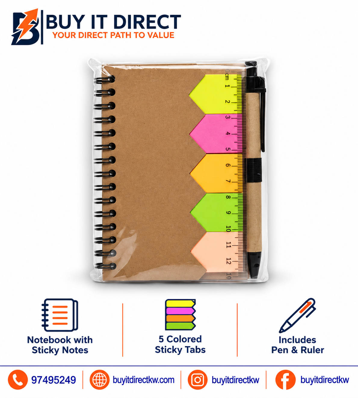 Note Pad Spiral Set with Sticky Index Tabs Ruler and Pen