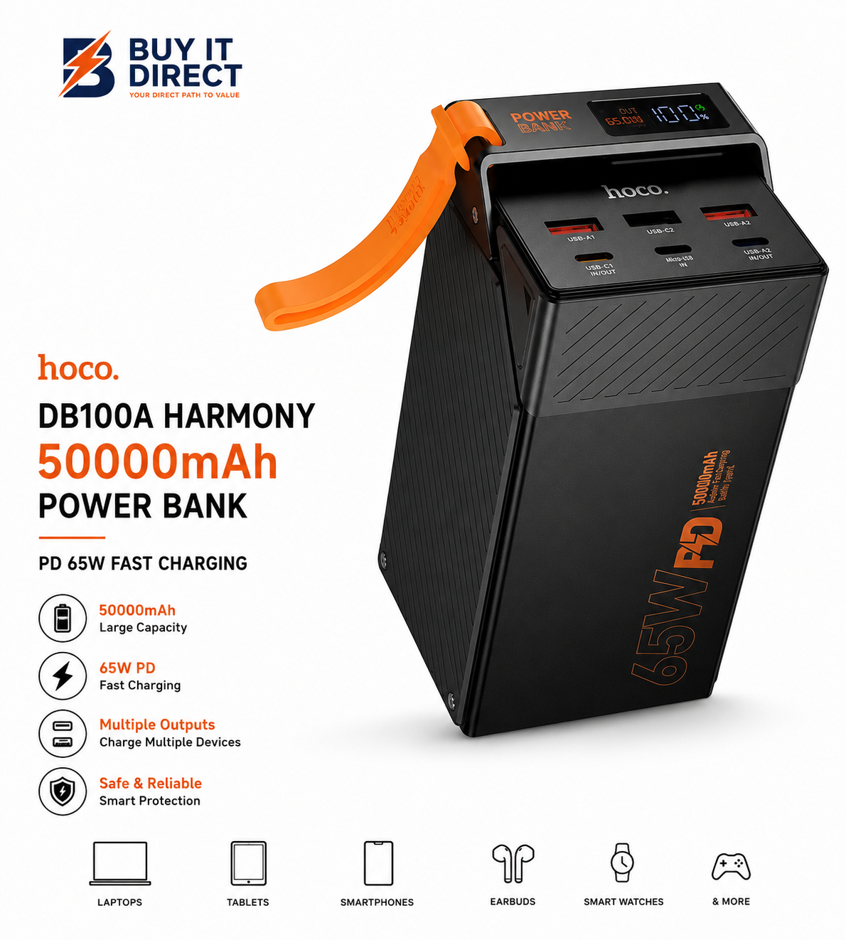 بنك طاقة Hoco DB100A Harmony بسعة 50000mAh وشحن سريع PD بقدرة 65W