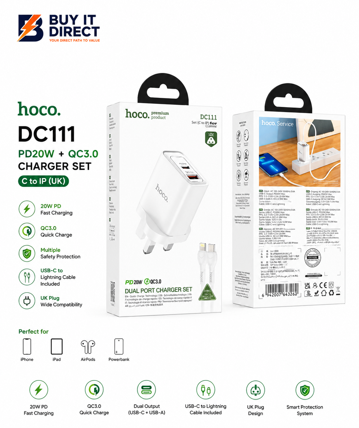 طقم شاحن Hoco DC111 بقدرة 20W PD وQC3.0 مع كابل C إلى IP بفيشة UK