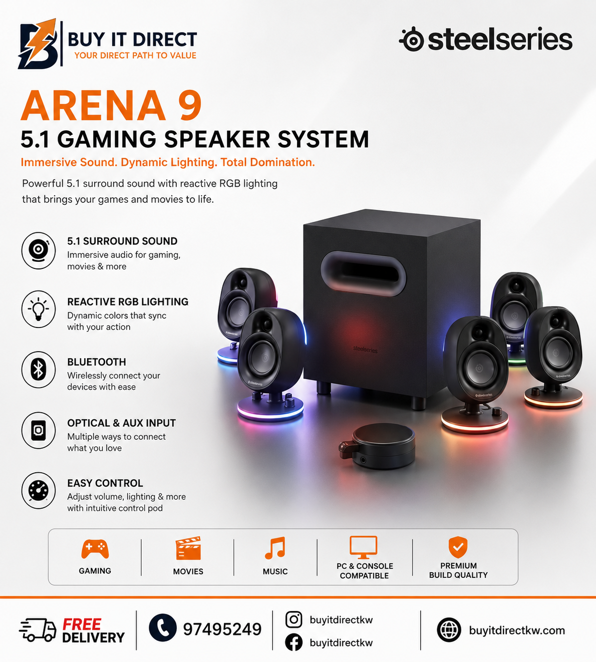 SteelSeries Arena 9 5.1 Gaming Speaker System with Bluetooth, Optical & Reactive RGB Lighting