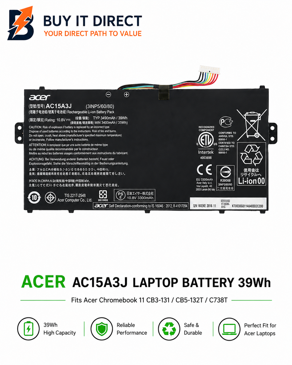 بطارية لابتوب ايسر AC15A3J سعة 39 واط ساعة لاجهزة كروم بوك 11 CB3 131 و CB5 132T و C738T