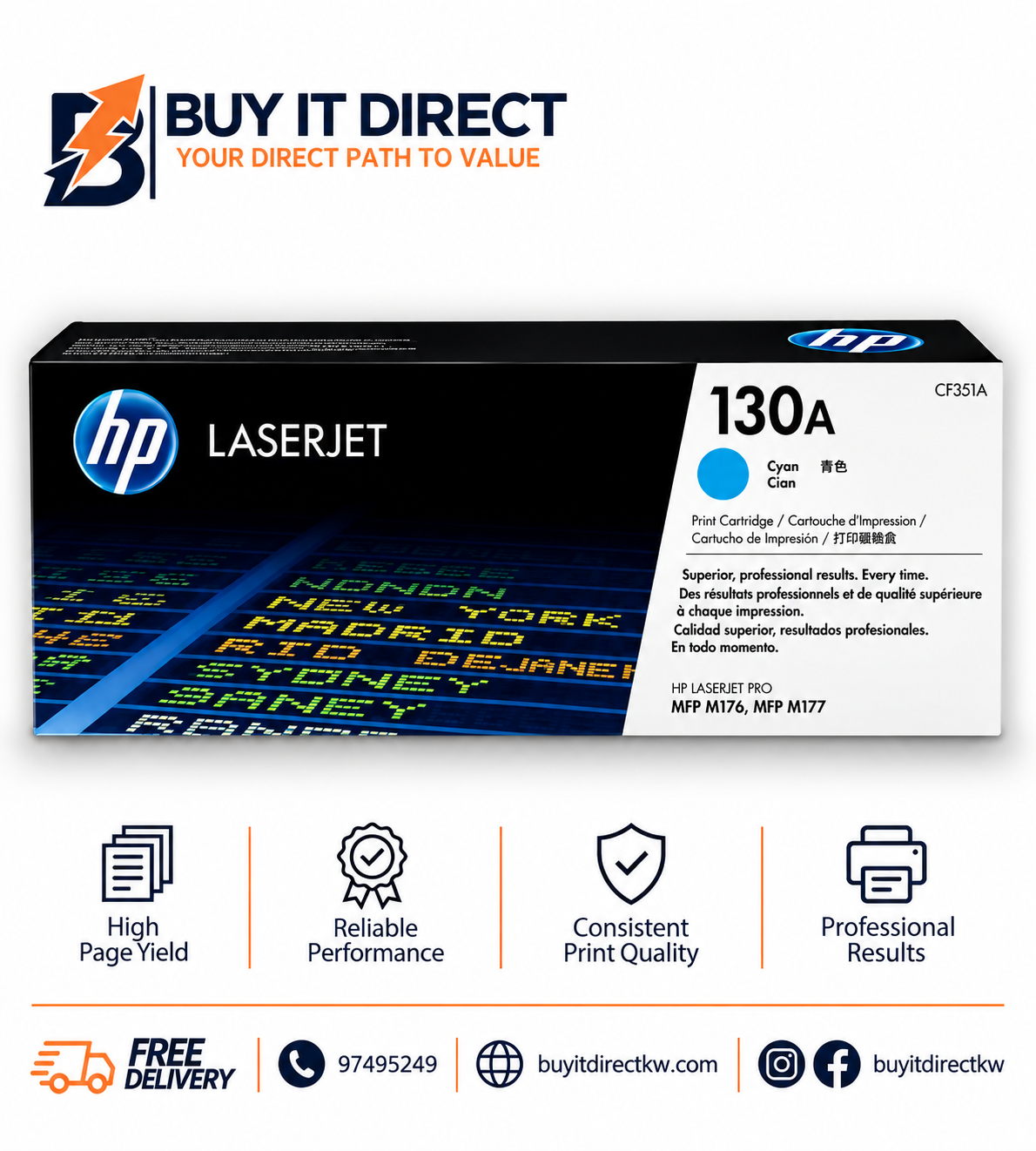 خرطوشة حبر ليزر أصلية HP 130A باللون السماوي 1000 صفحة CF351A