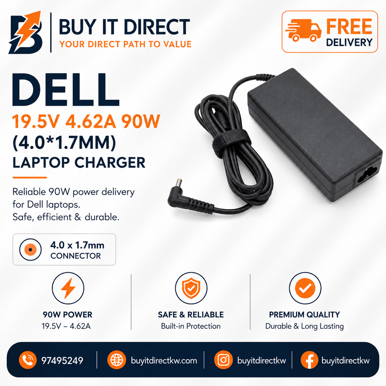 شاحن لابتوب Dell بقوة 90 واط 19.5 فولت 4.62 أمبير مع كابل طاقة 4.0 × 1.7 مم