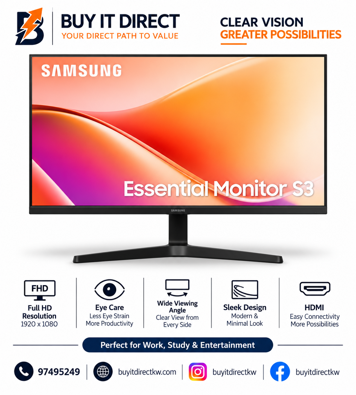 شاشة Samsung Essential S3 S33GF مقاس 24 بوصة بدقة Full HD وتردد 100 هرتز وزمن استجابة 5 مللي ثانية