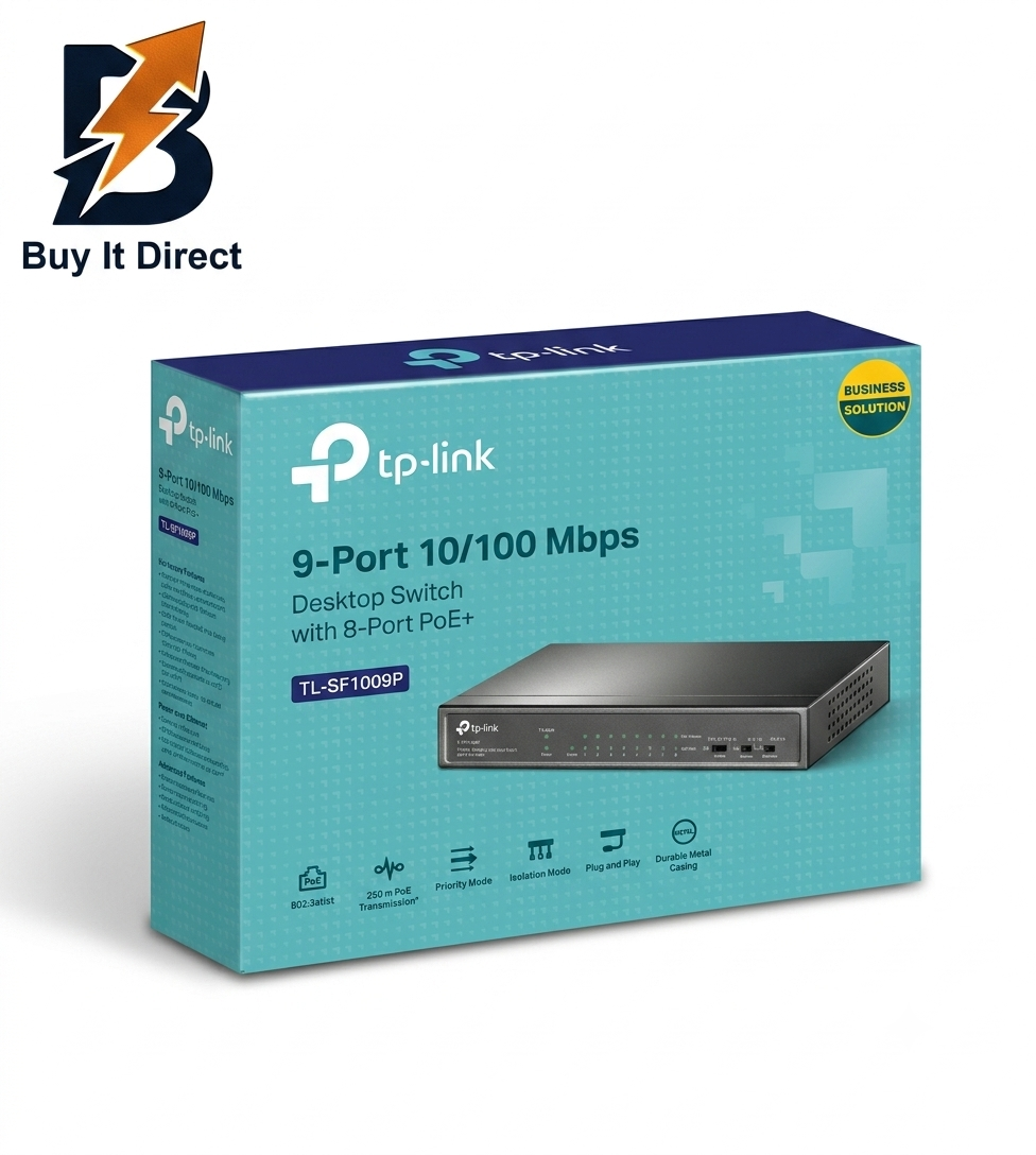 مبدل شبكة مكتبي TP-LINK TL-SF1009P بـ 9 منافذ (سرعة 10/100 ميجابت في الثانية) يضم 8 منافذ تدعم تقنية PoE+