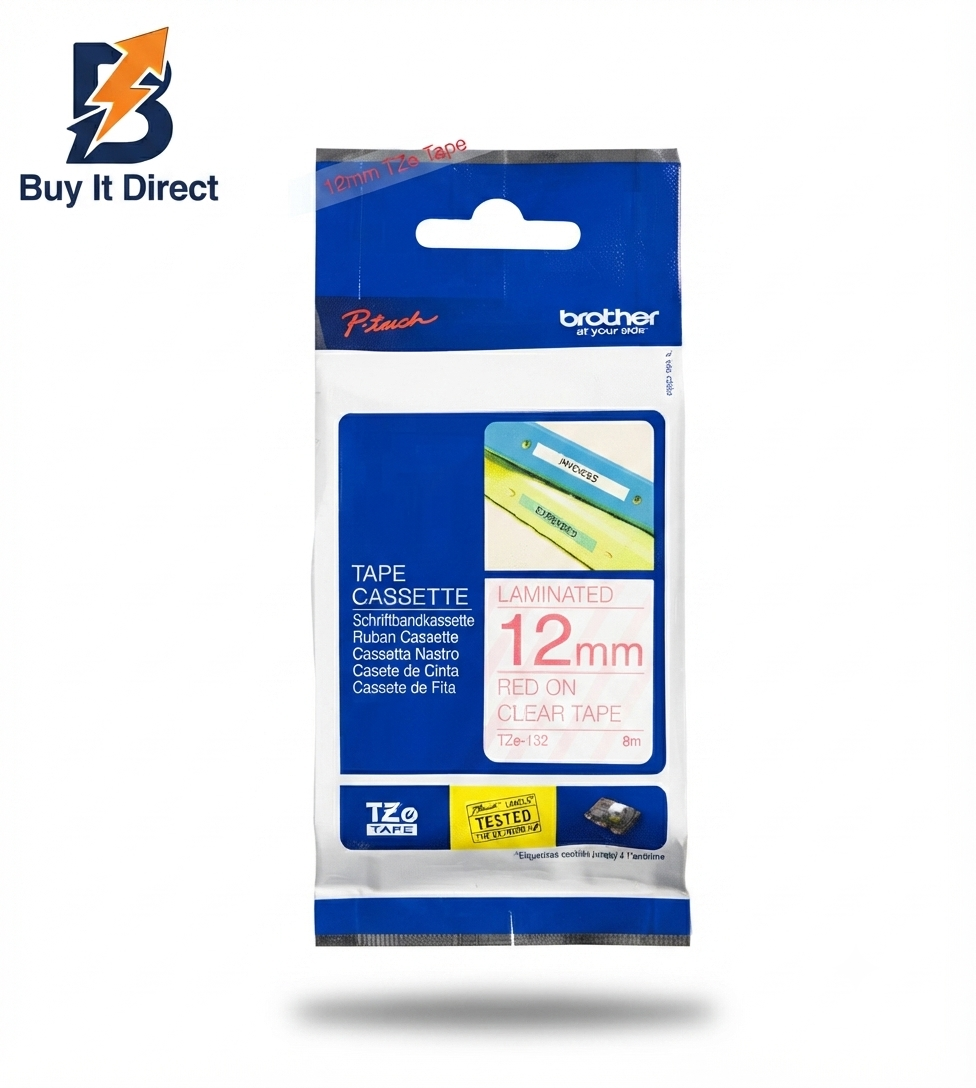Brother Genuine TZe-132 Labelling Tape Cassette – Red on Clear, 12mm Wide