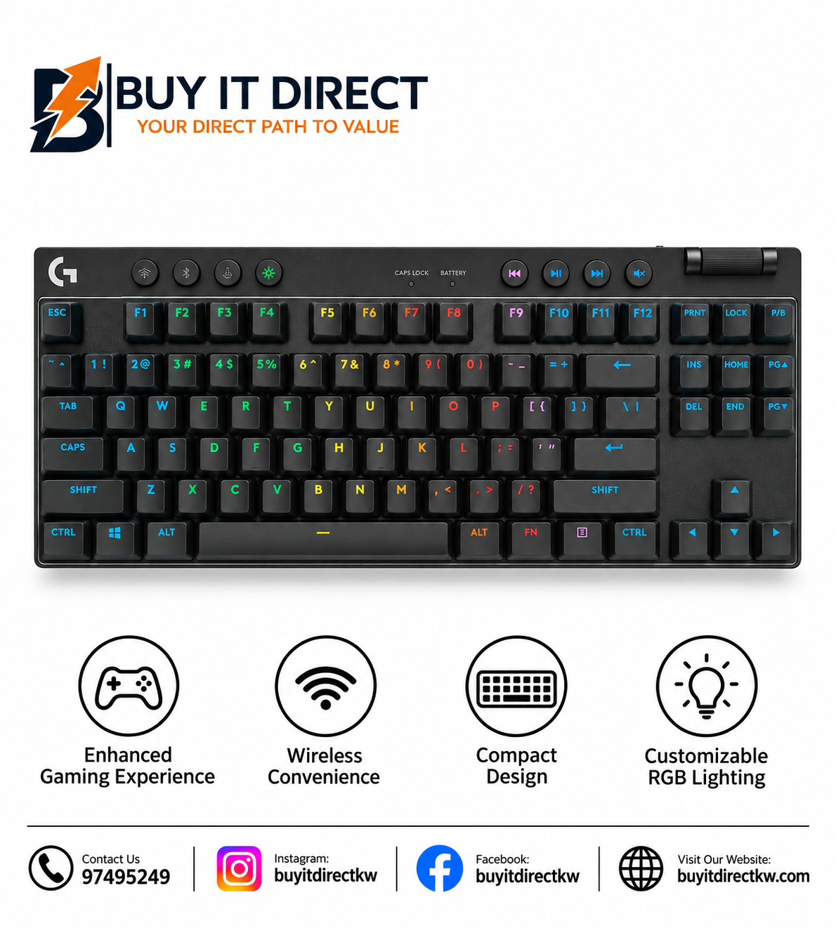 لوحة مفاتيح الألعاب Logitech G PRO X TKL LIGHTSPEED اللاسلكية بمفاتيح GX Brown Tactile باللون الأسود